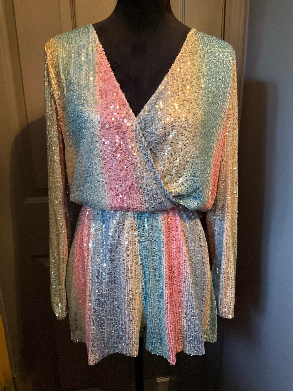 Lovesong M pastel stripe sequined romper